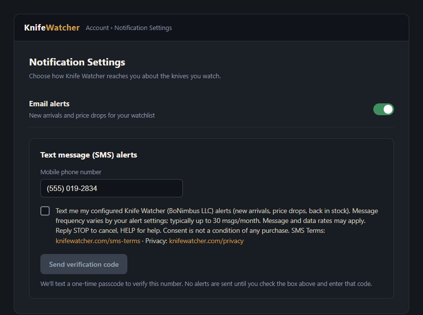 Knife Watcher in-app SMS opt-in screen: phone number field, unchecked consent checkbox with the full disclosure, and the send-verification-code step